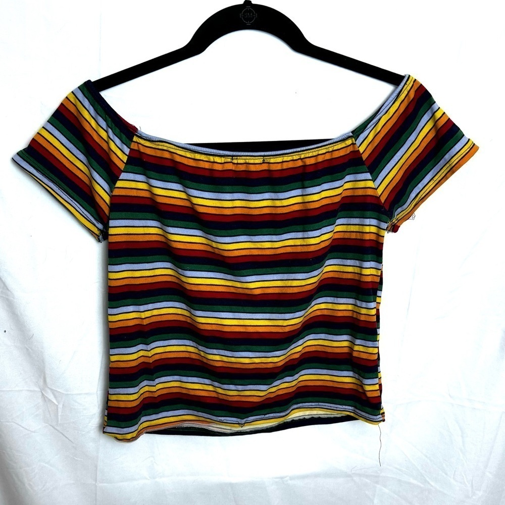 Heart & Hips Rainbow Striped Short Sleeve Cropped Top Size L - Picture 3 of 6